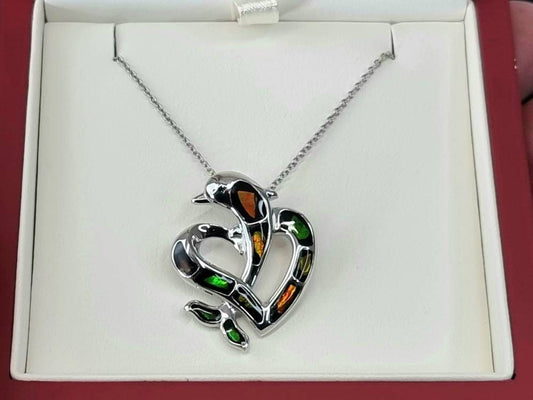 Ammolite Crystal Silver Dolphin Heart Necklace