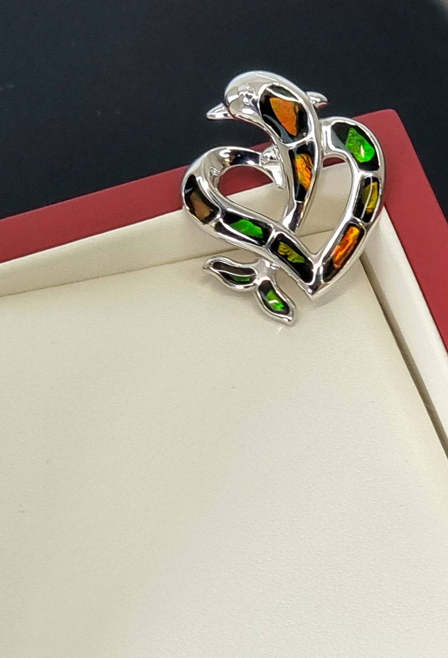 Ammolite Crystal Silver Dolphin Heart Necklace