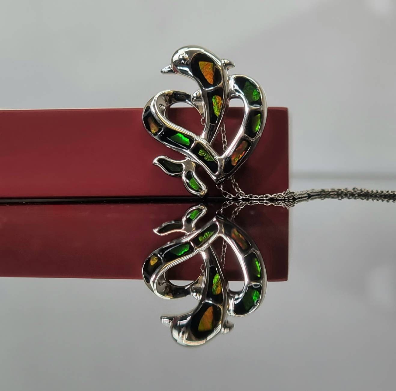 Ammolite Crystal Silver Dolphin Heart Necklace