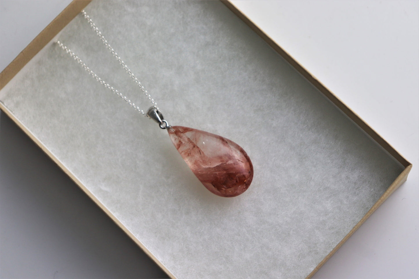 179) Hematoid Quartz Crystal Necklace Pendant + Silver Chain