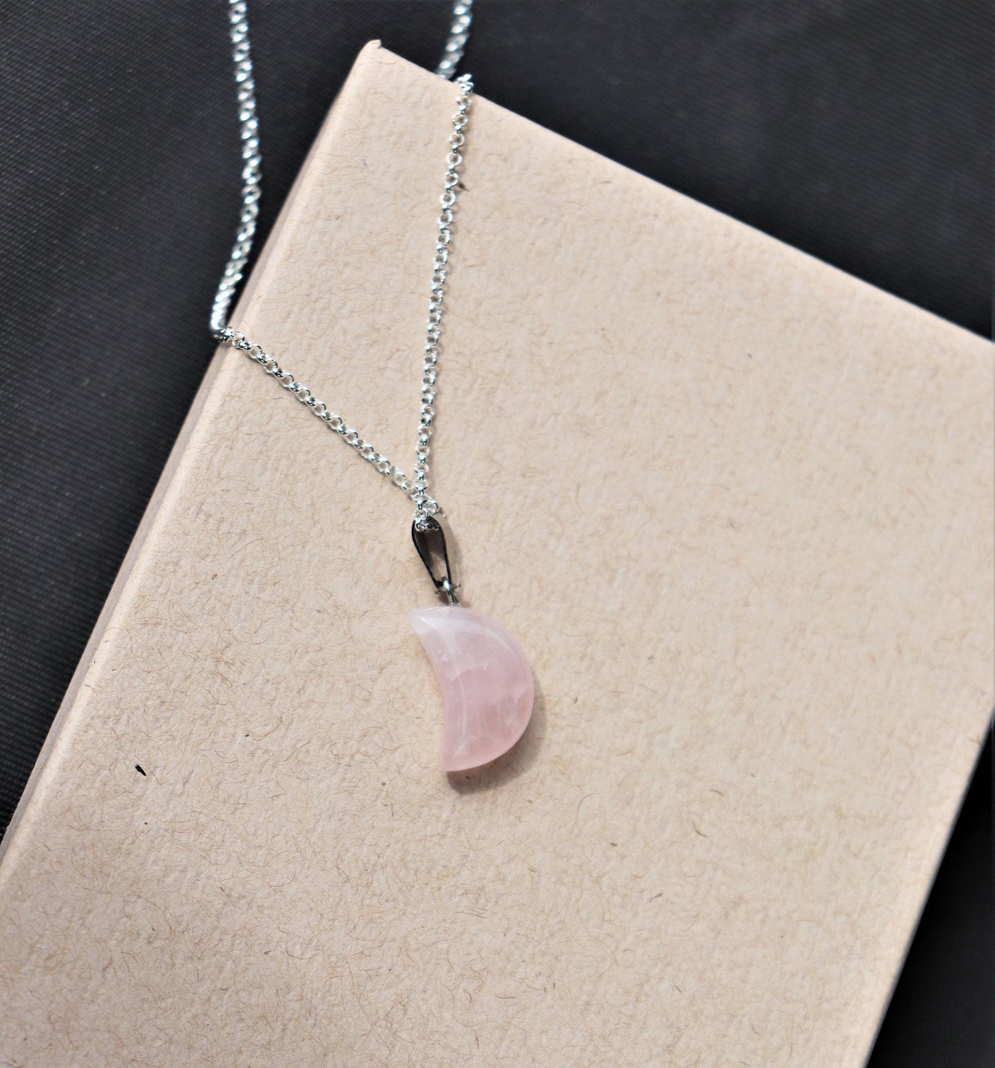 284) Rose Quartz Moon Crystal Necklace Pendant + Silver Chain