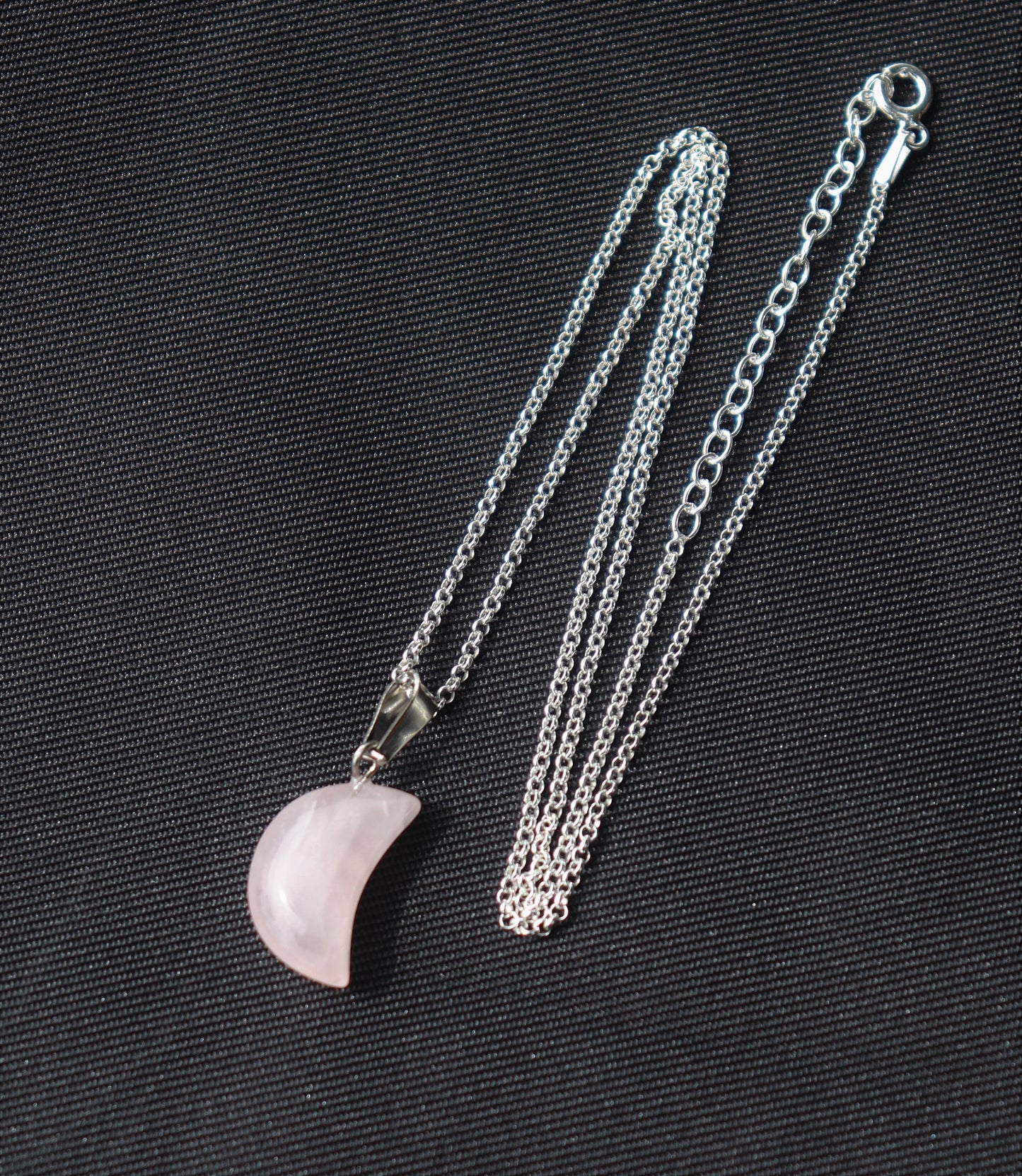 284) Rose Quartz Moon Crystal Necklace Pendant + Silver Chain