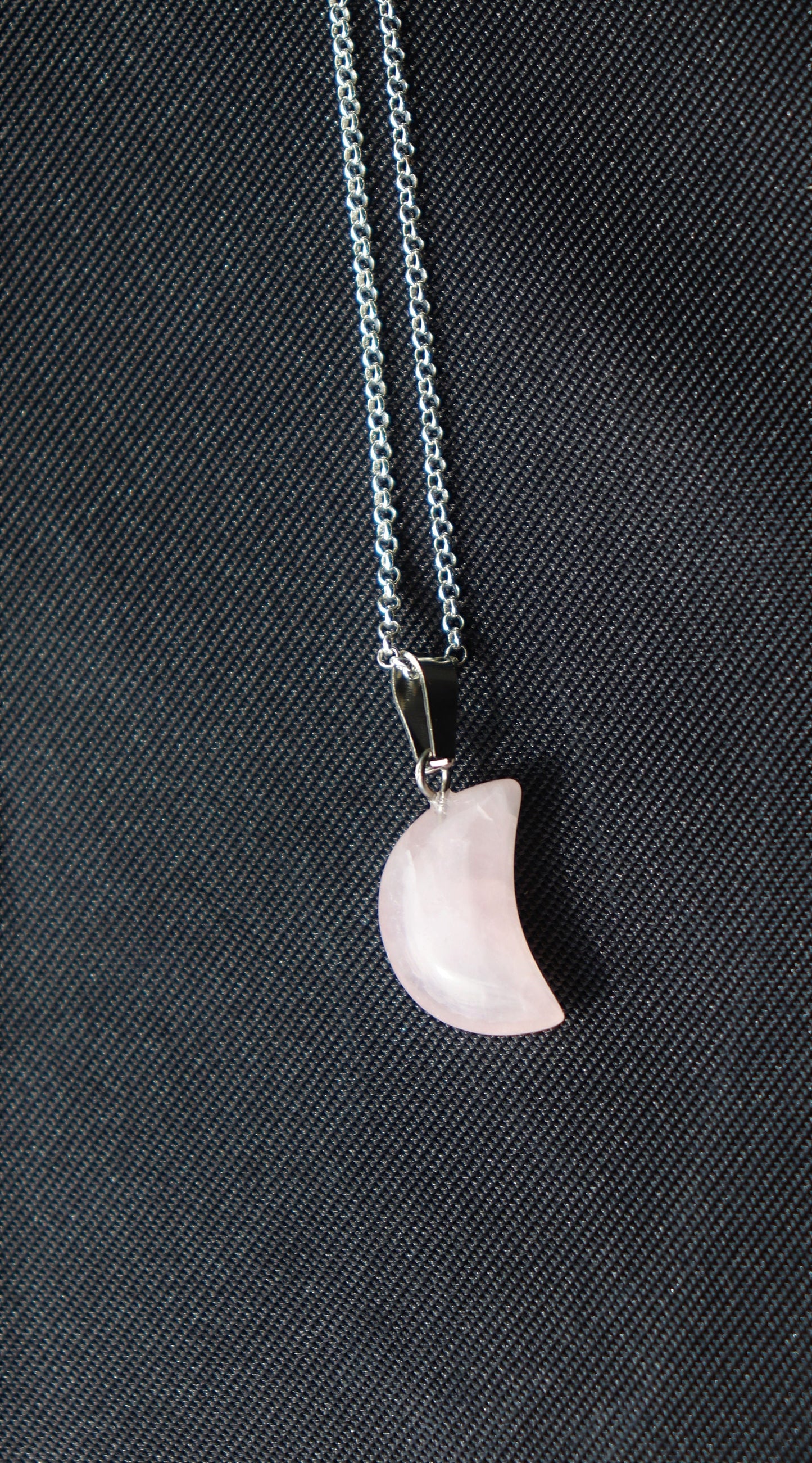 284) Rose Quartz Moon Crystal Necklace Pendant + Silver Chain