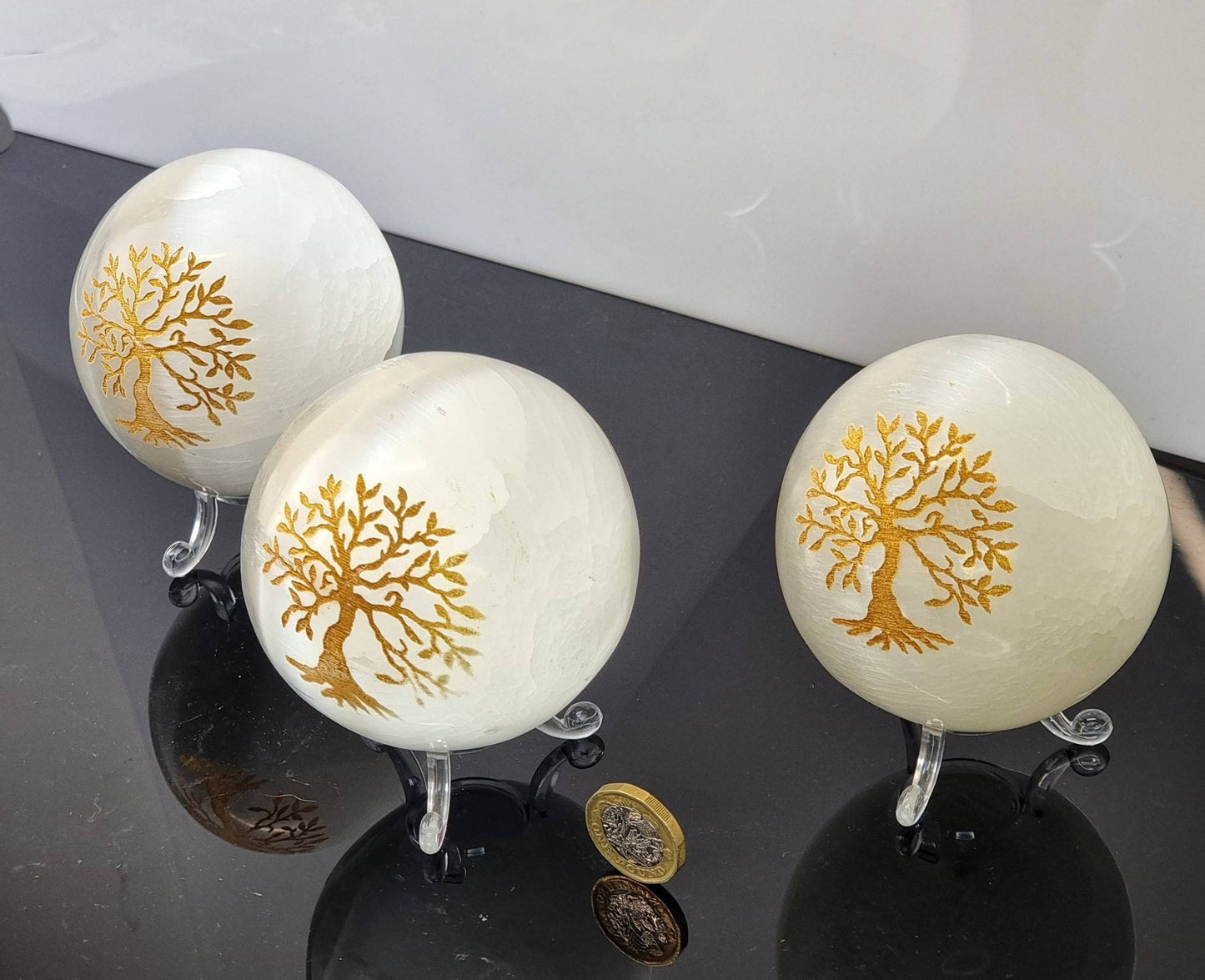 Selenite Crystal Sphere Gold Tree Of Life with Crystal Sphere Stand