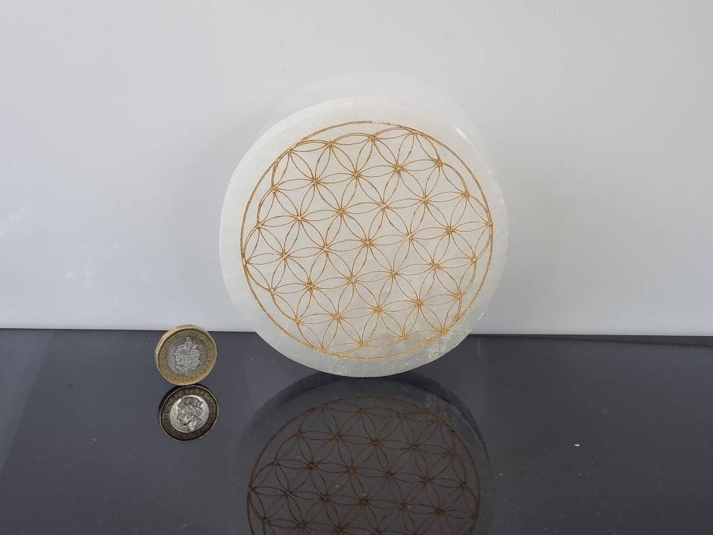 Gold Flower of Life Selenite Crystal Grid Charging Plate Disc Circle 10.5 cm