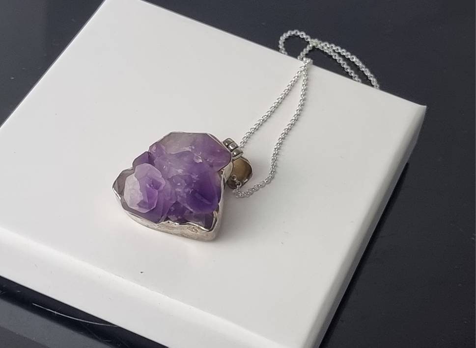 158) Large Amethyst Crystal Necklace 925 Silver