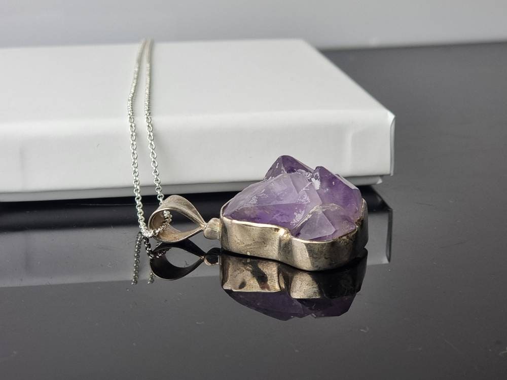 136) Large Amethyst Crystal Necklace 925 Silver