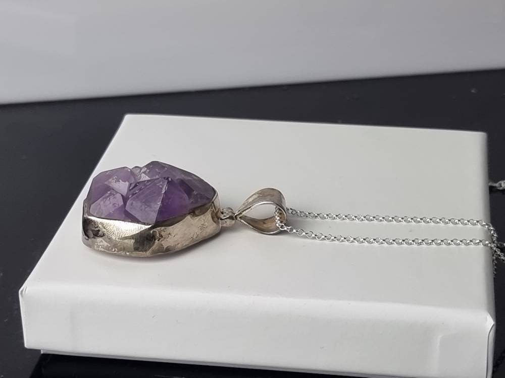 136) Large Amethyst Crystal Necklace 925 Silver