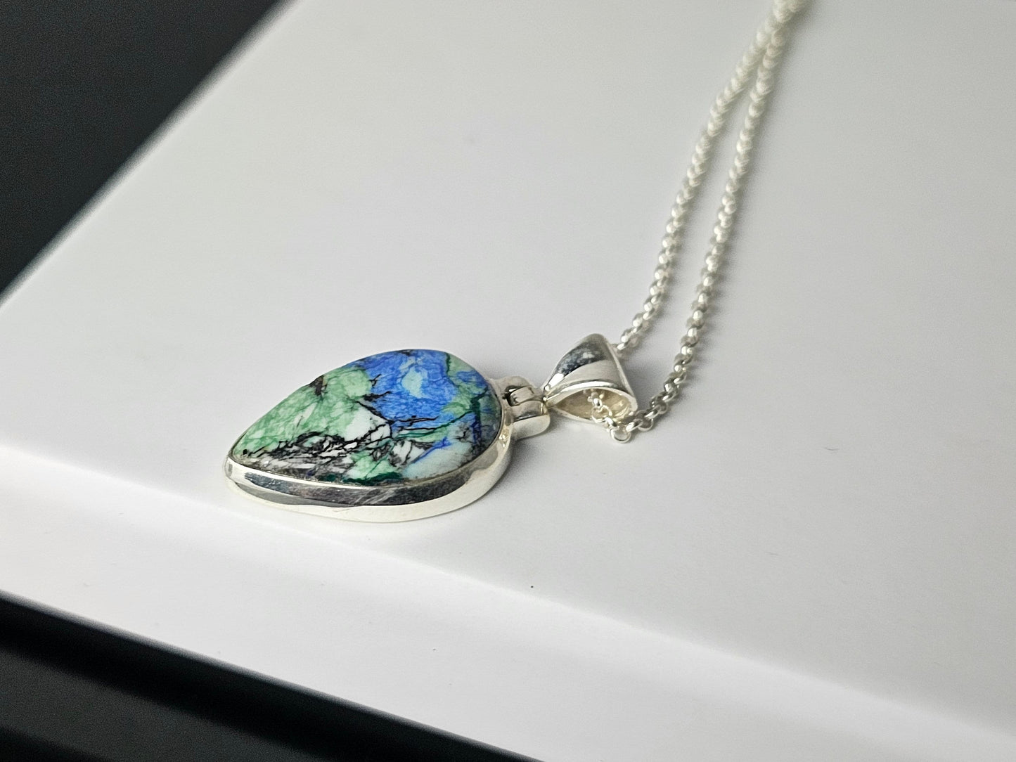 349) Azurite Turquoise Crystal Necklace 925 Silver
