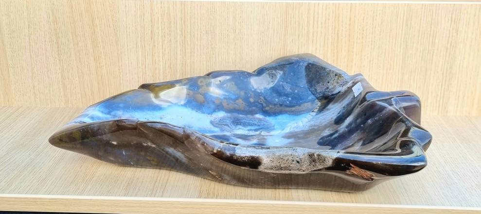 Artisanal Large Ocean Jasper Crystal Leaf Bowl Blue