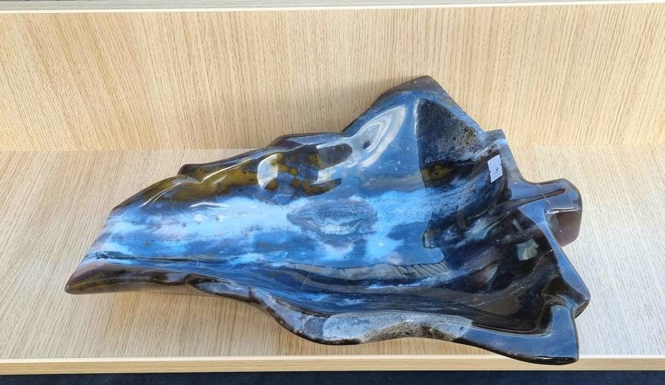 Artisanal Large Ocean Jasper Crystal Leaf Bowl Blue