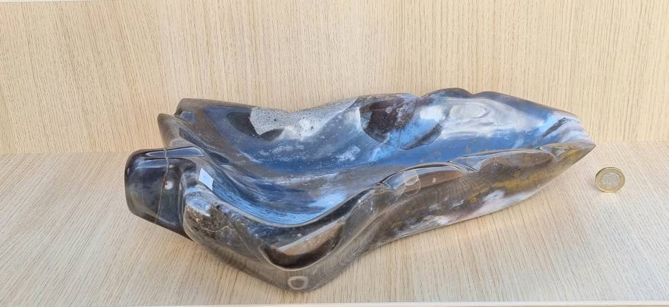 Artisanal Large Ocean Jasper Crystal Leaf Bowl Blue