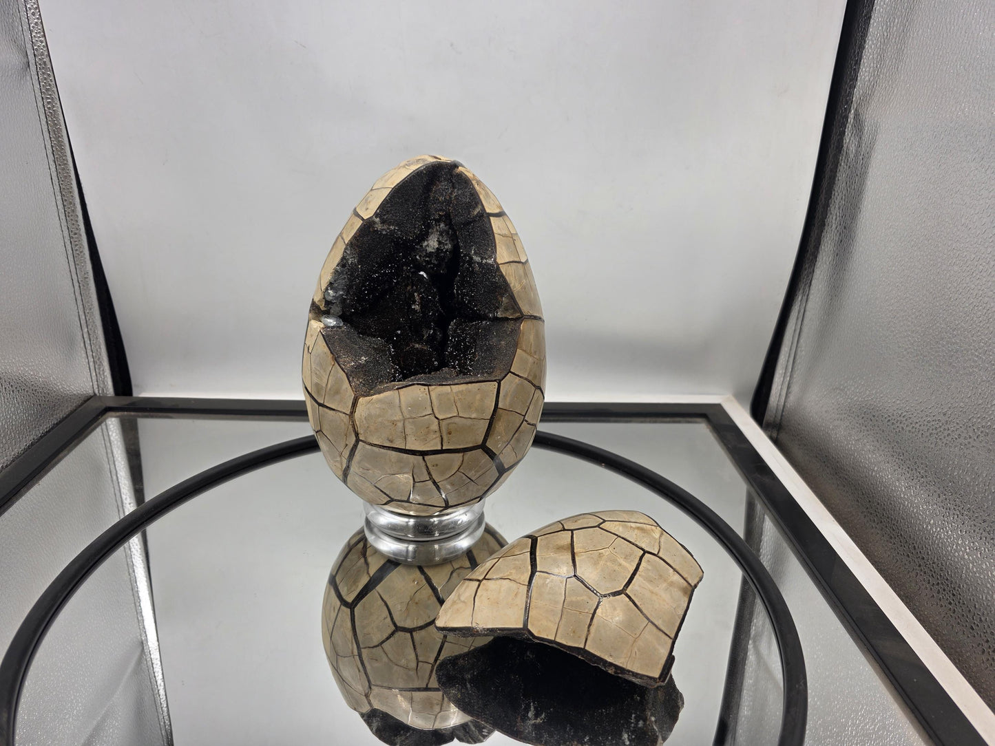 Large Black Septarian Crystal Egg Geode Removable Face 8.5"