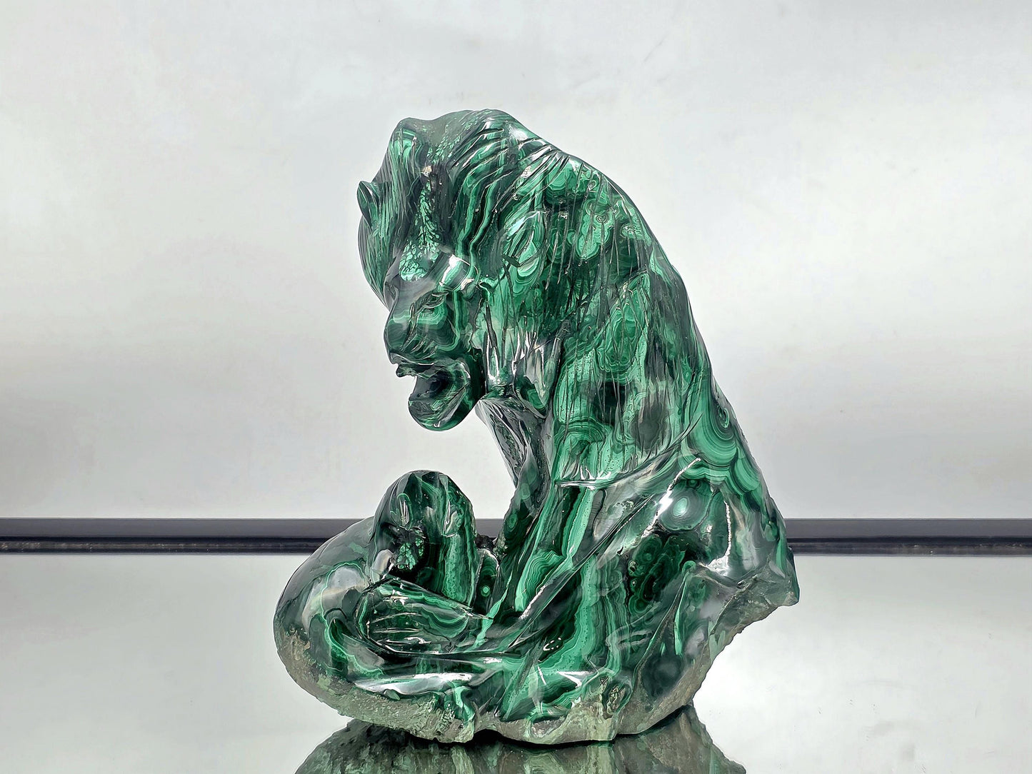 Large Natural Solid Malachite Crystal Lion With Prey Carving 3.37KG