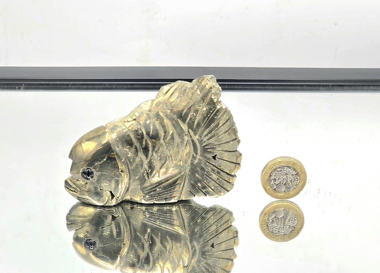 Pyrite Fish Sculpture #12 – Hand-Carved Crystal Animal | Pyrite Healing Stone | Metallic Gold Pyrite Fish Figurine