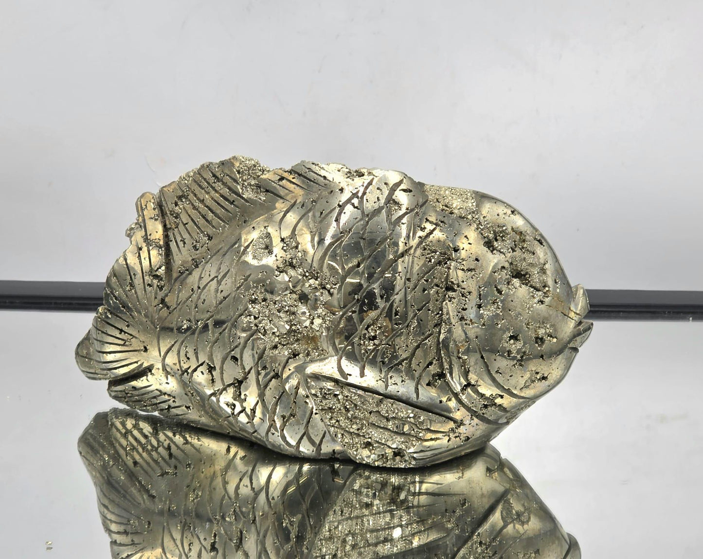 Pyrite Fish Sculpture #6 – Hand-Carved Crystal Animal | Pyrite Healing Stone | Metallic Gold Pyrite Fish Figurine