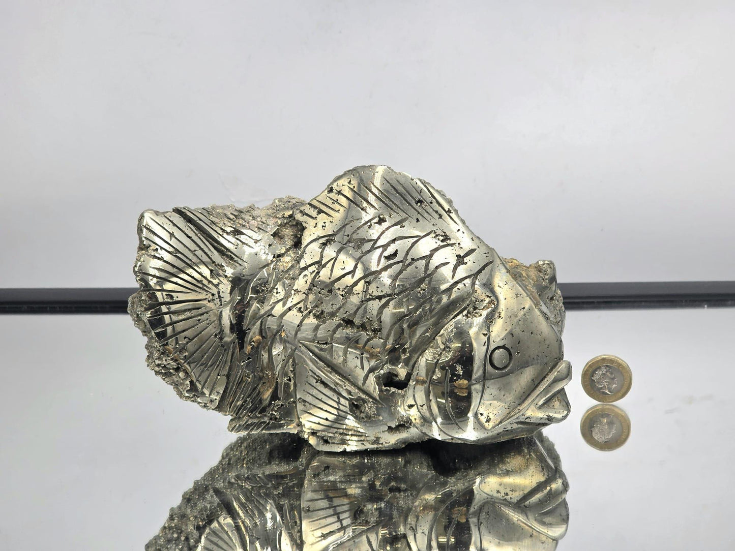 Large Pyrite Fish Sculpture #3 – Hand-Carved Crystal Animal | Pyrite Healing Stone | Metallic Gold Pyrite Fish Figurine