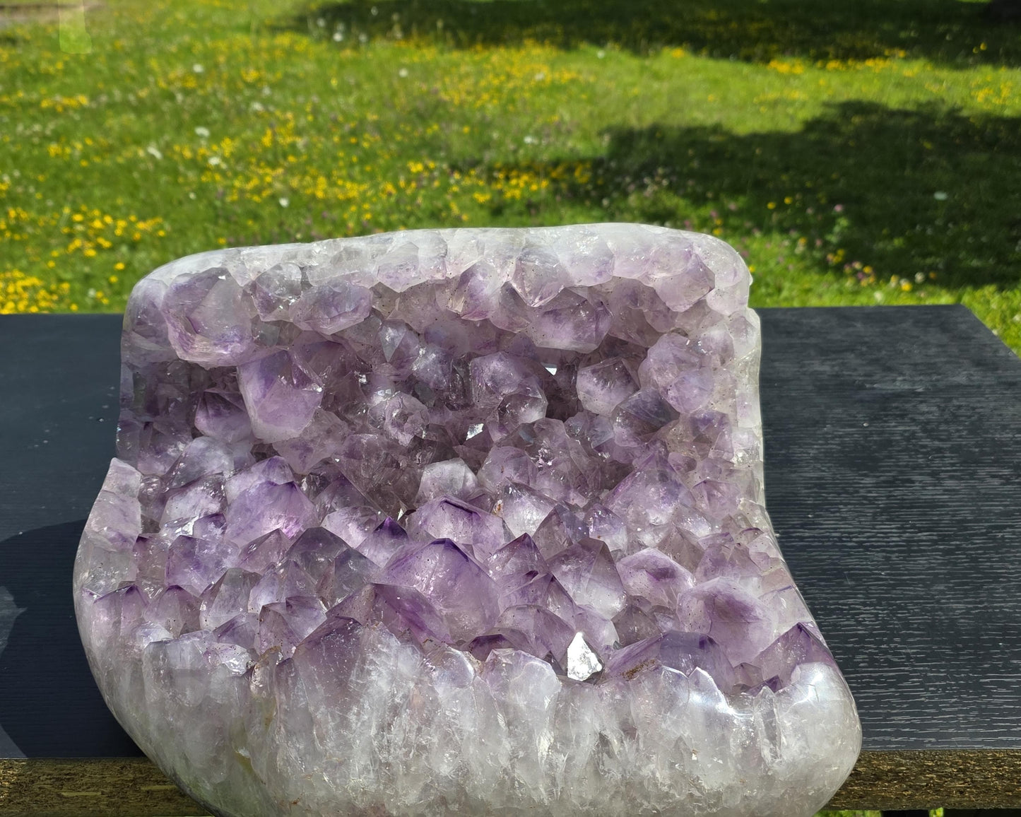 Decorative polished Amethyst crystal cluster for display.