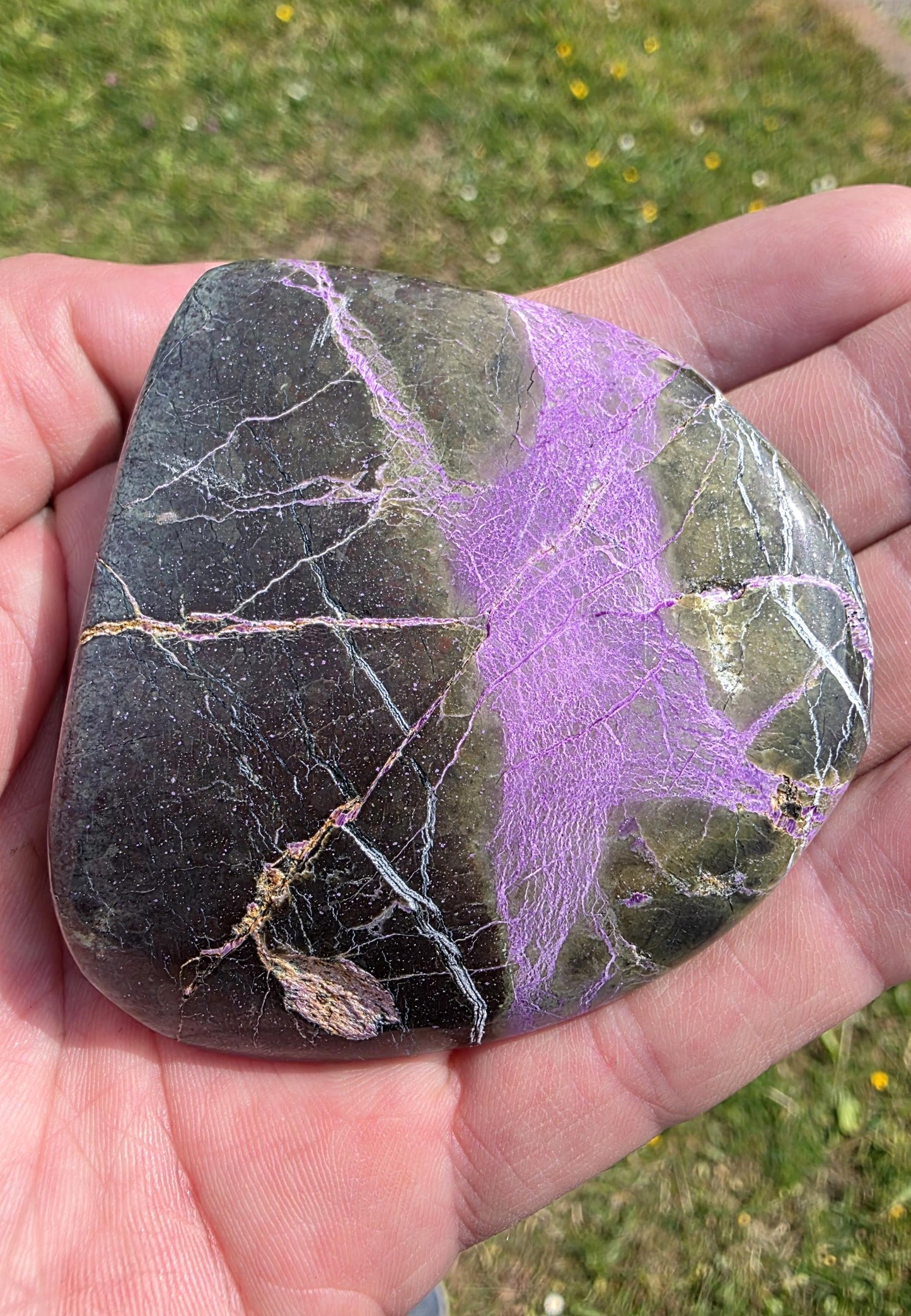 Crystal mineral with serpentine base and stichtite inclusions.