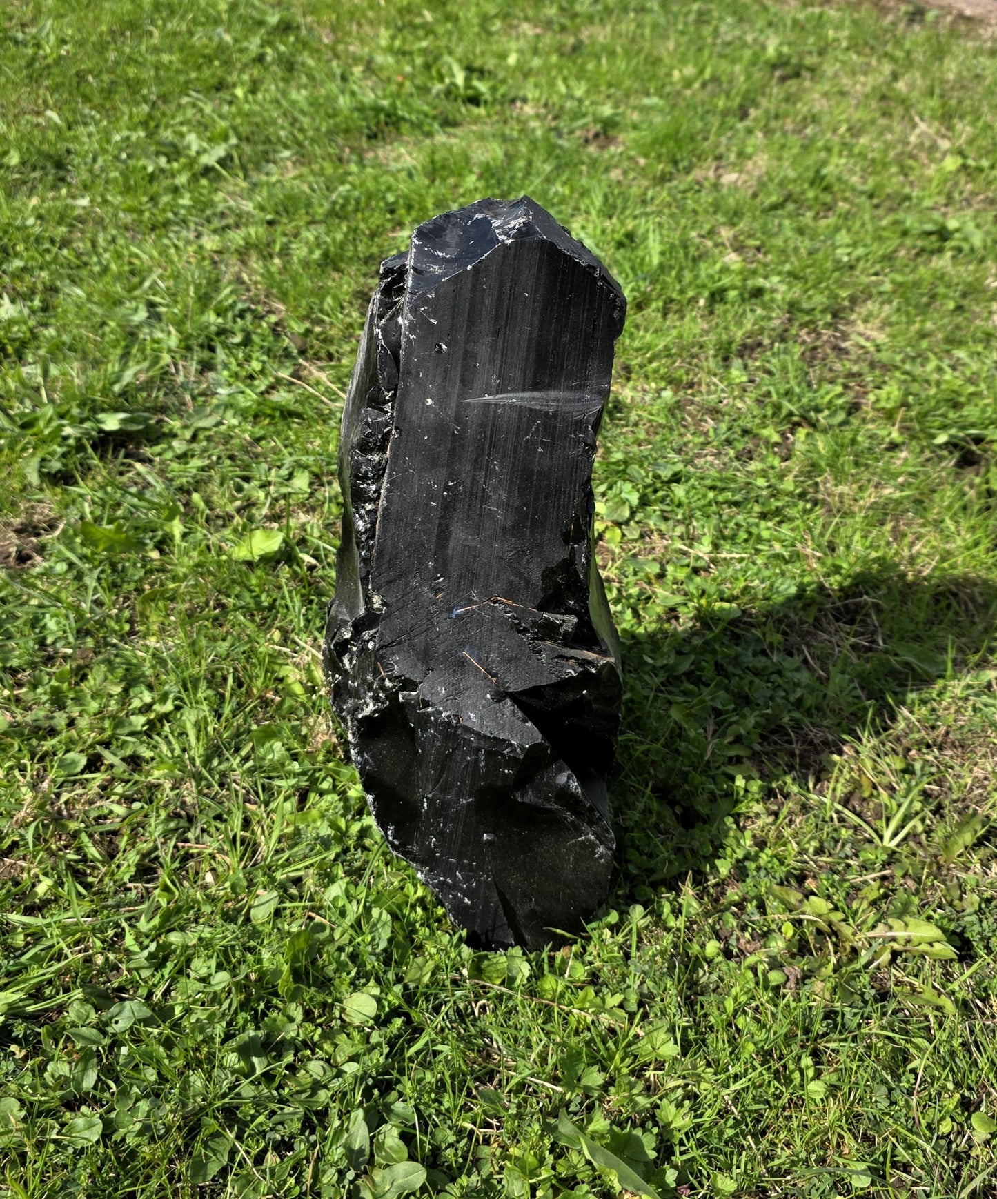 XL Black Obsidian raw freestanding crystal, polished look.