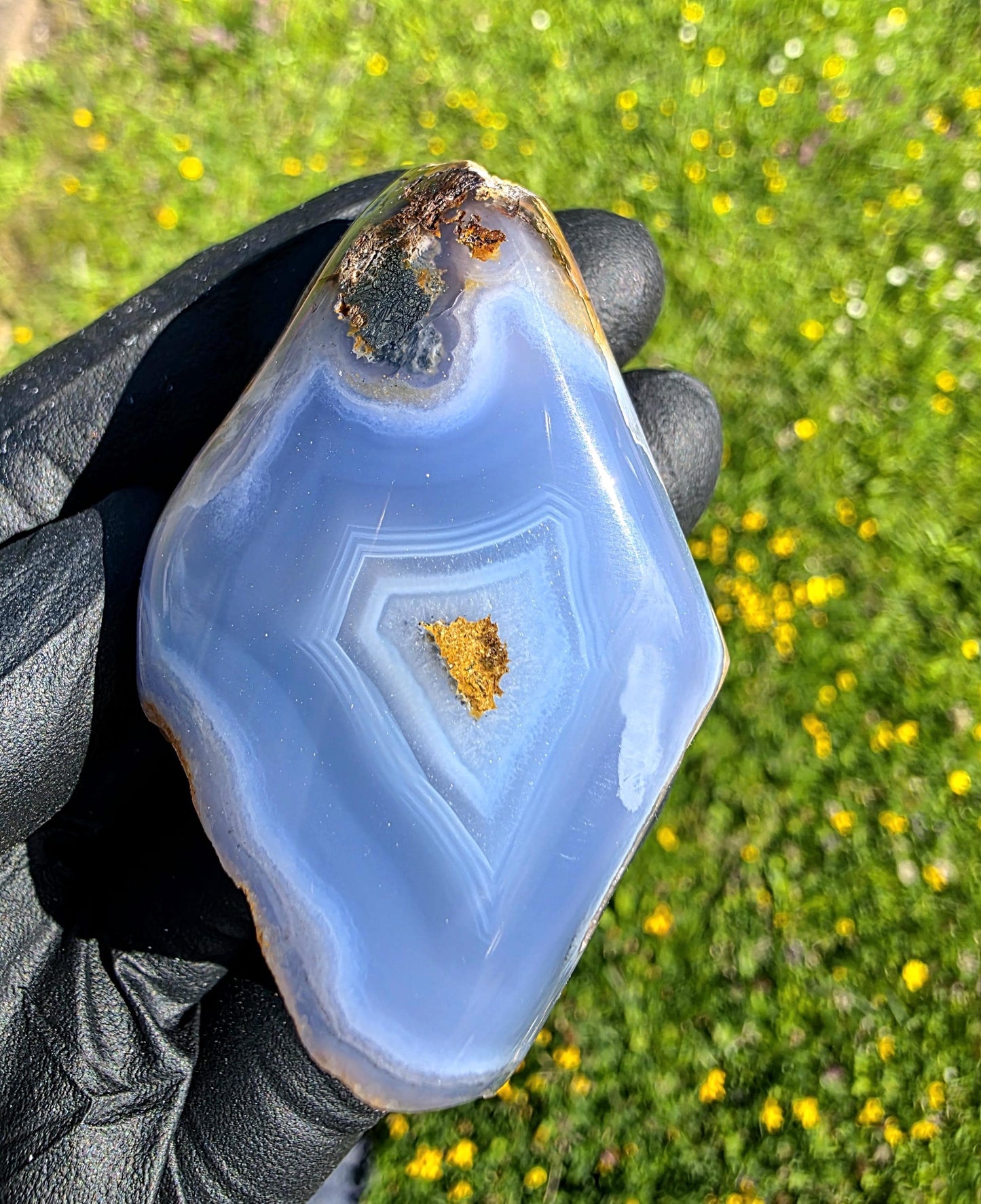 Polished Blue Malawi Agate crystal with layered blue and white bands