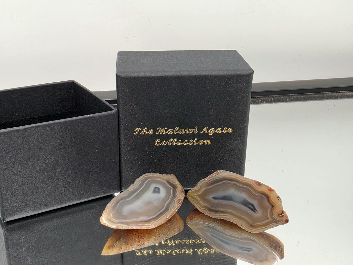 Black agate crystal from Malawi in an elegant presentation box.