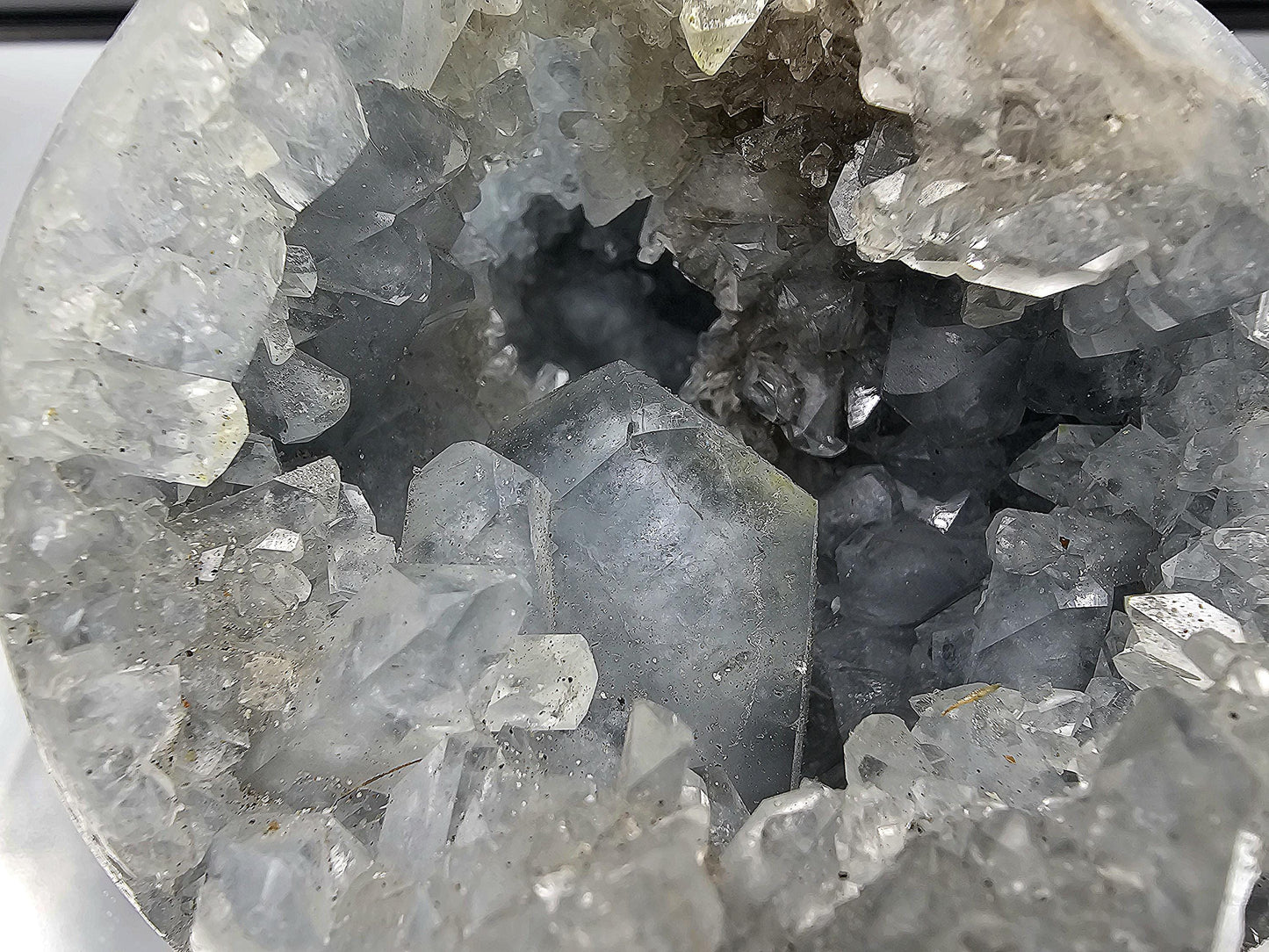 Natural blue Celestite Crystal Sphere with stunning clarity and depth.