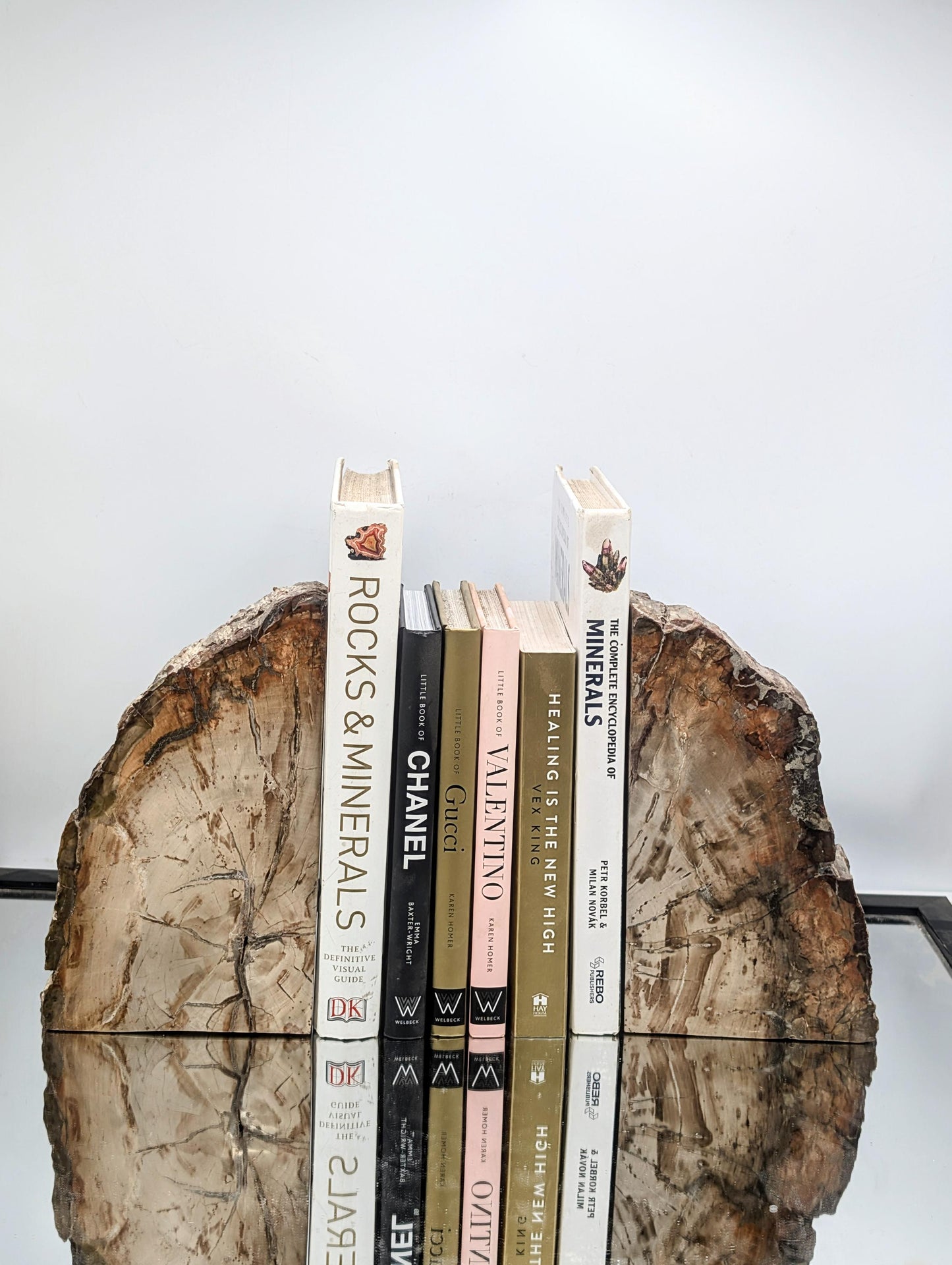 Decorative fossil wood bookends used in home office décor.