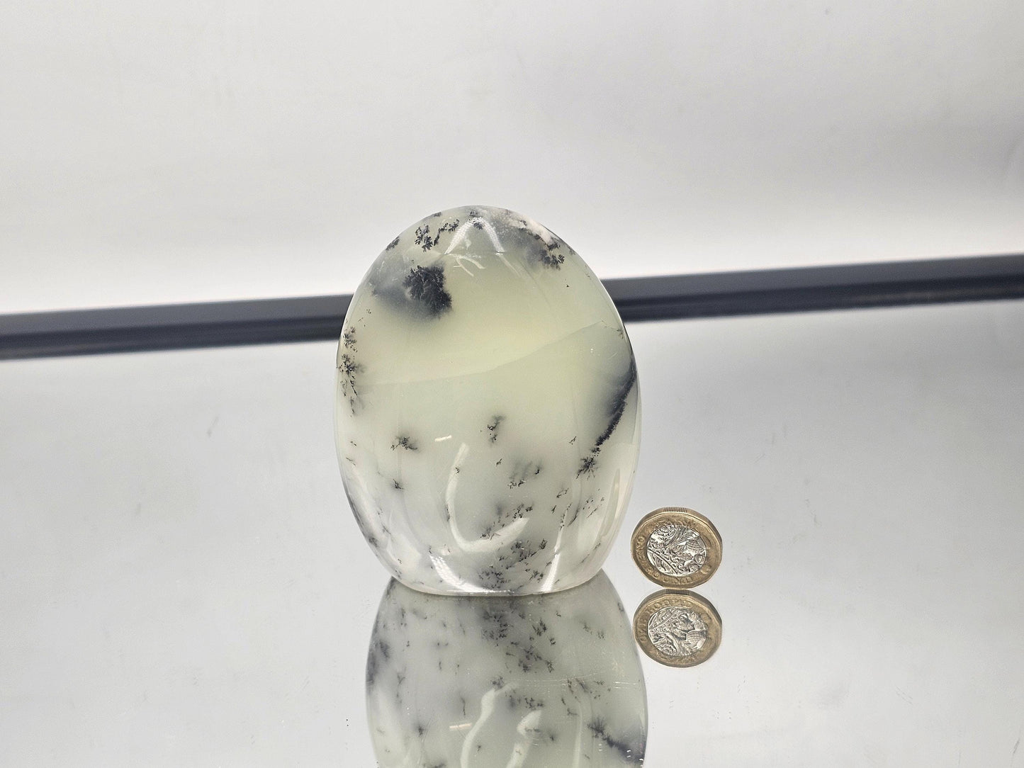 Natural Dendritic Agate with unique fern-like patterns in a polished stand-up form.