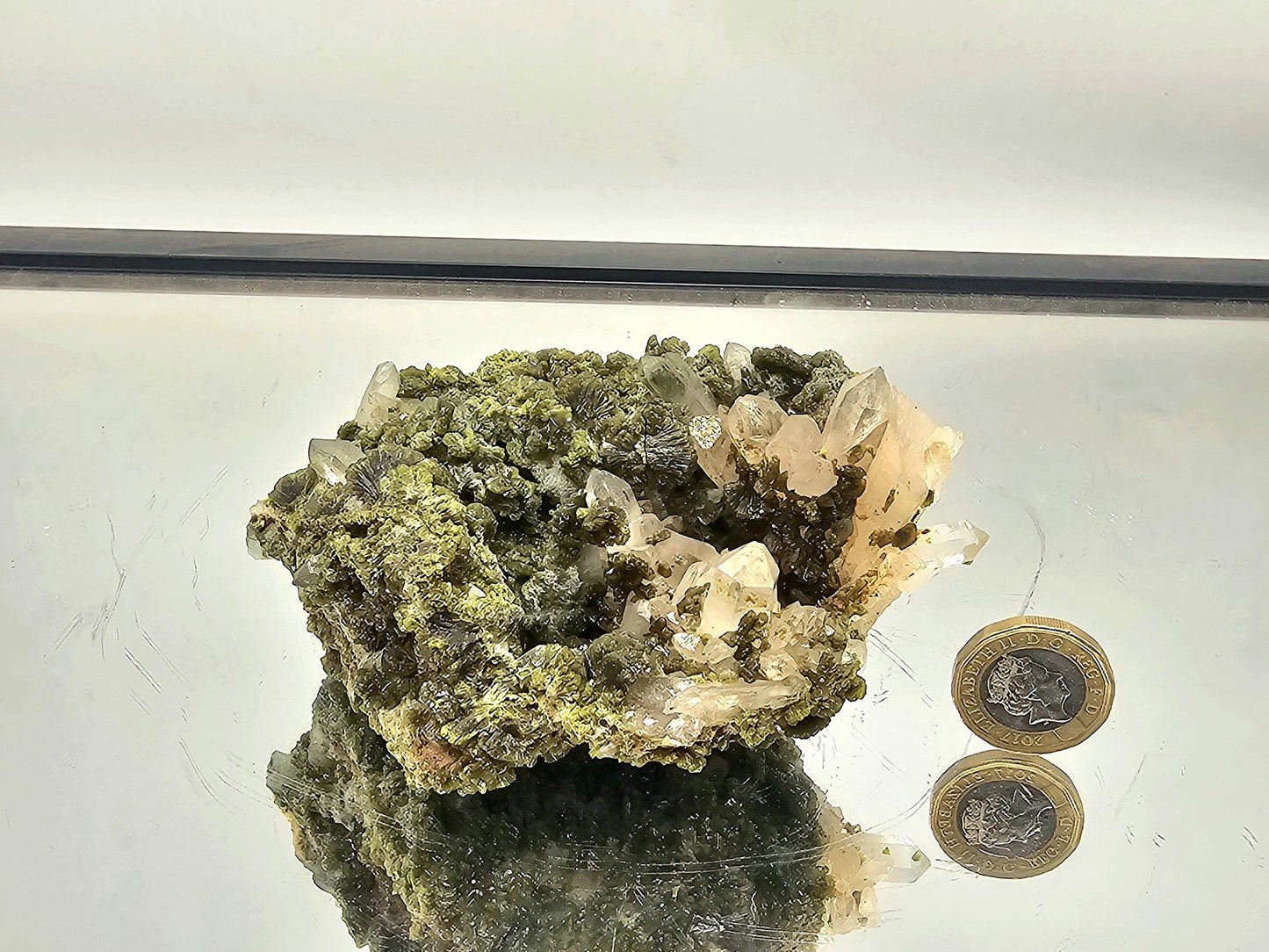 Beautiful display piece of Natural Forest Epidote on Quartz crystal.