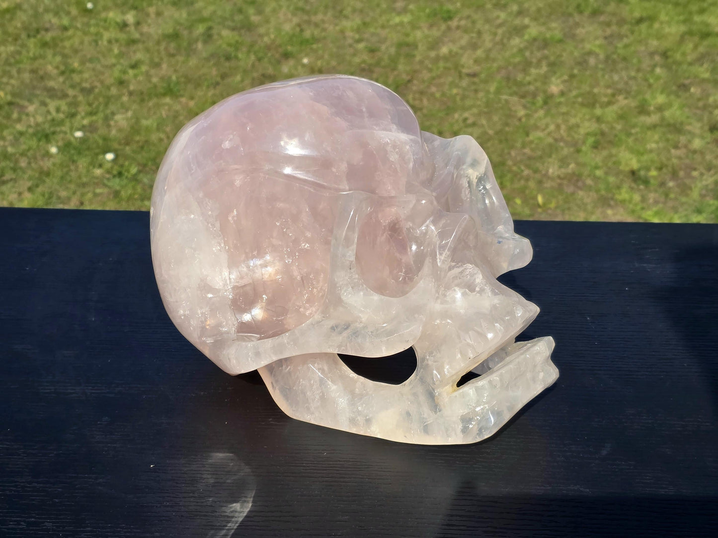 A striking extra-large Rose Quartz Skull, hand-carved.