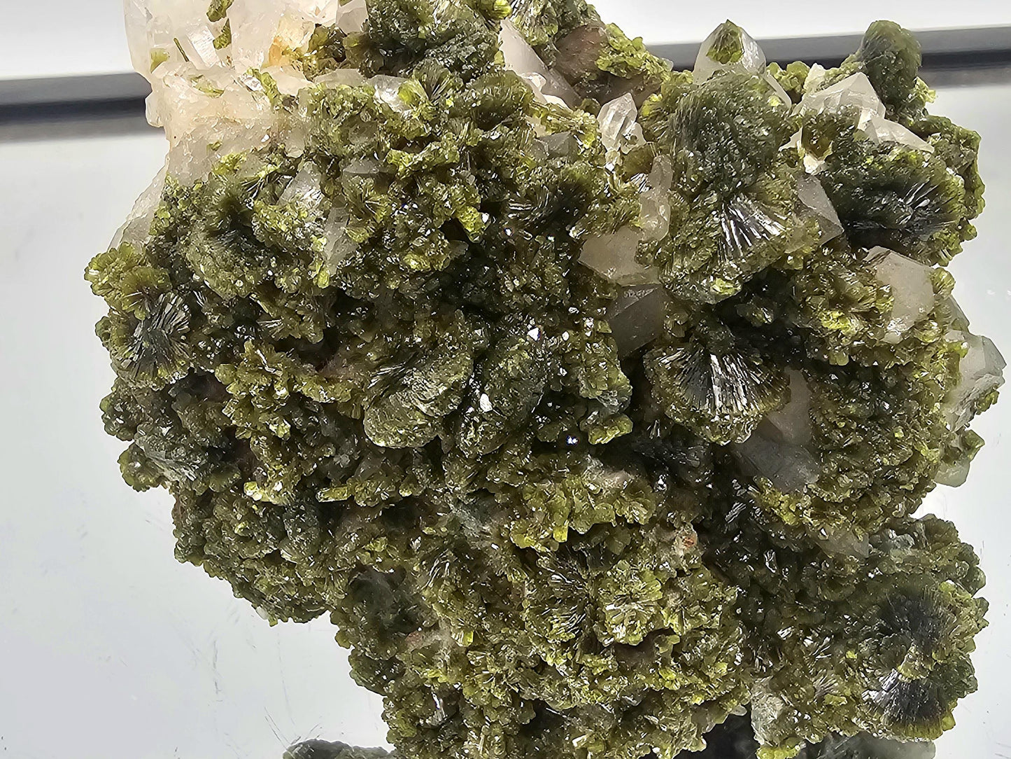 Stunning Natural Forest Epidote on Quartz crystal for collectors or interior styling.