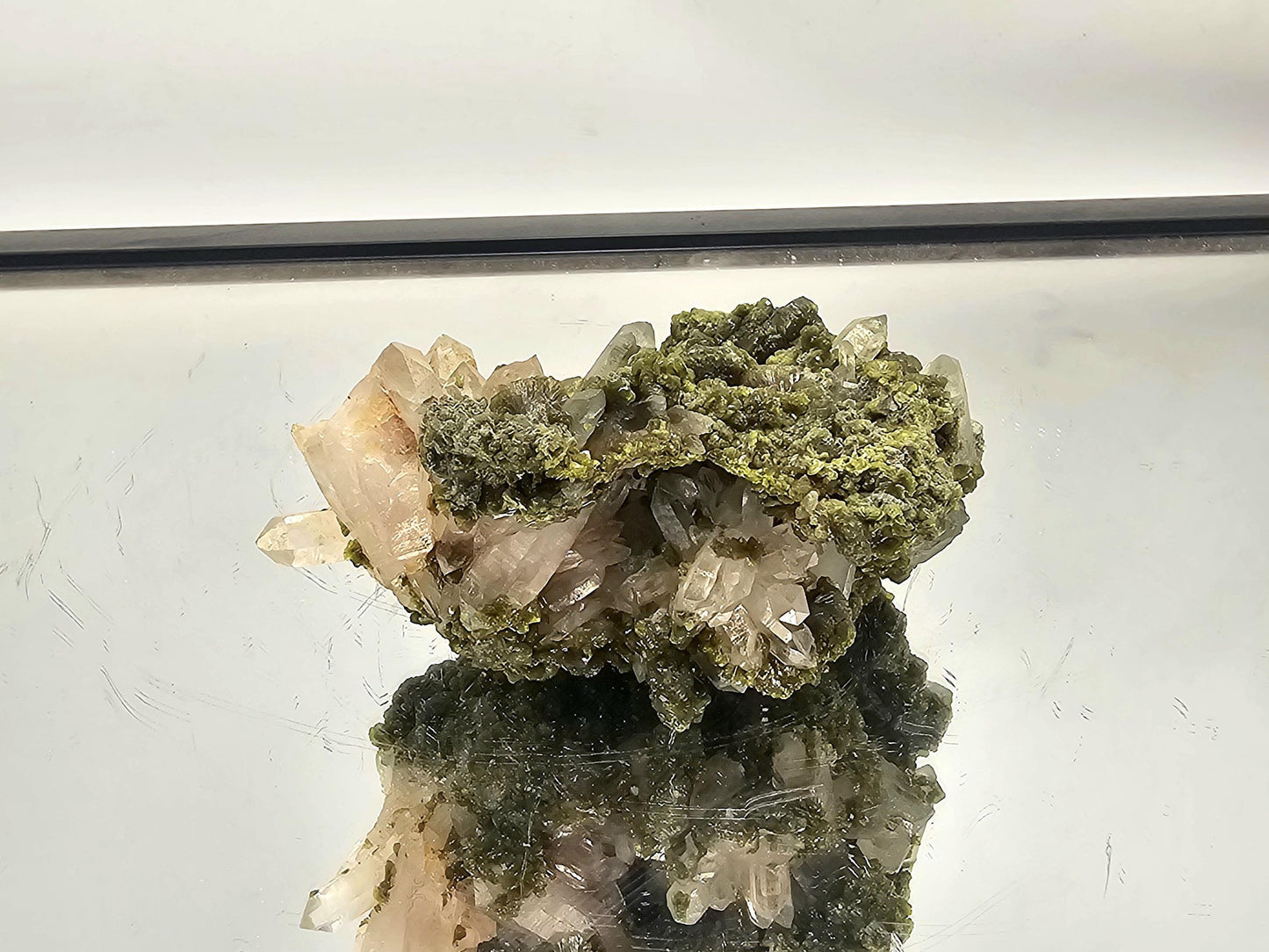 Elegant Forest Epidote on Quartz crystal, ideal for holistic and interior decor, from Midelt Atlas Mountains Morocco