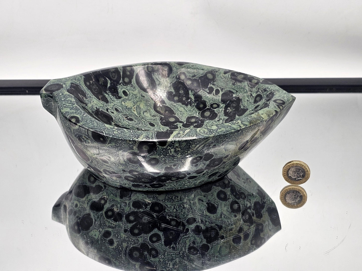 Kambaba Jasper leaf bowl as a natural art piece.