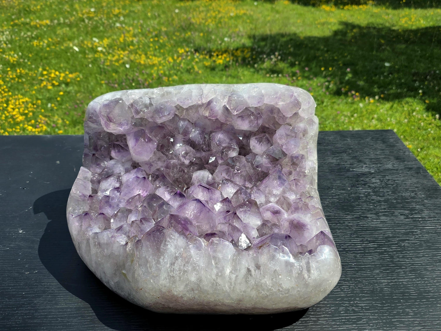 Very large polished Brazilian Amethyst cluster with rich purple points.