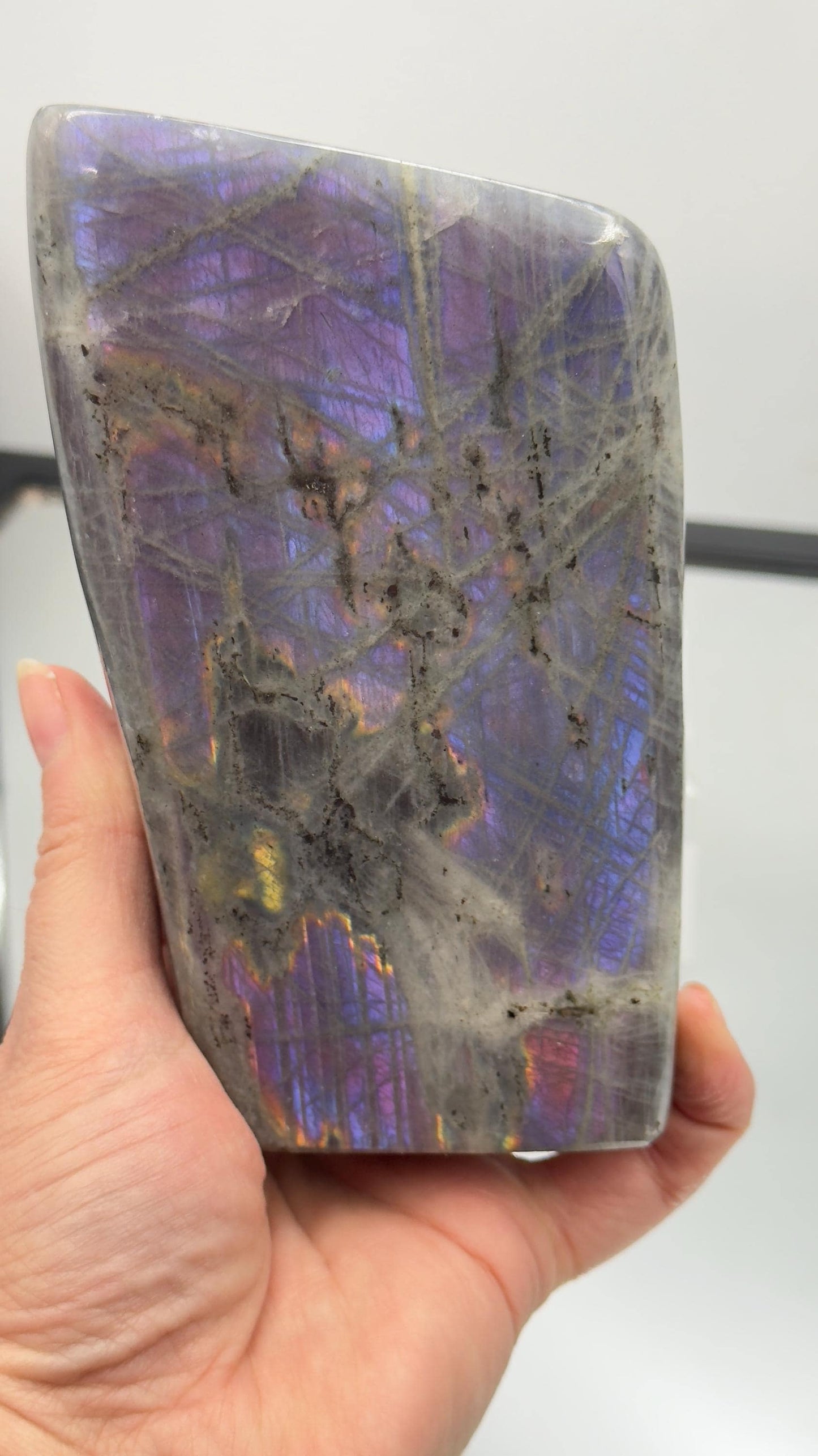 Large purple Labradorite crystal display piece showing bright labradorescence – perfect statement crystal for home décor.