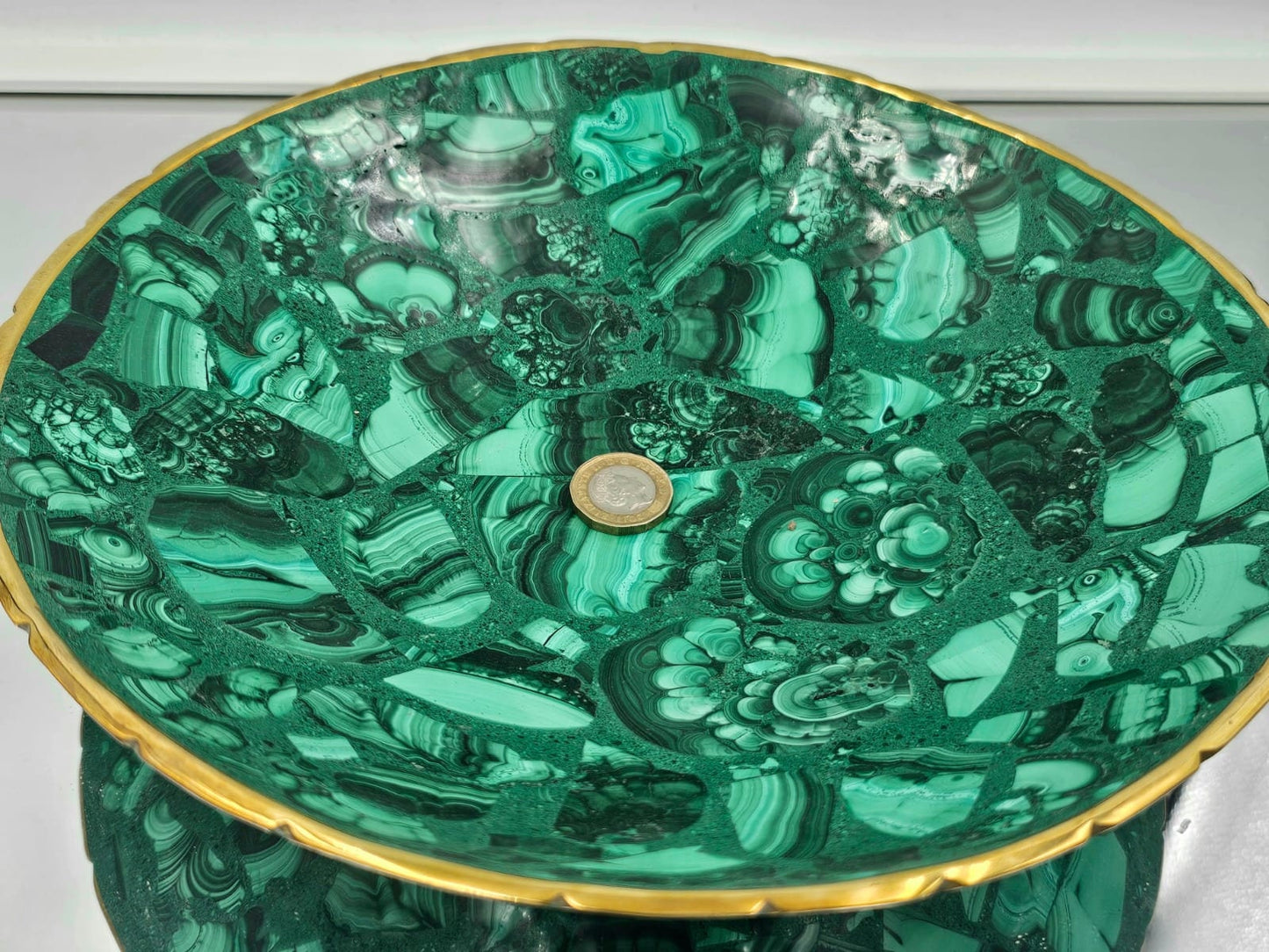 large crystal bowls malachite green with brass trim