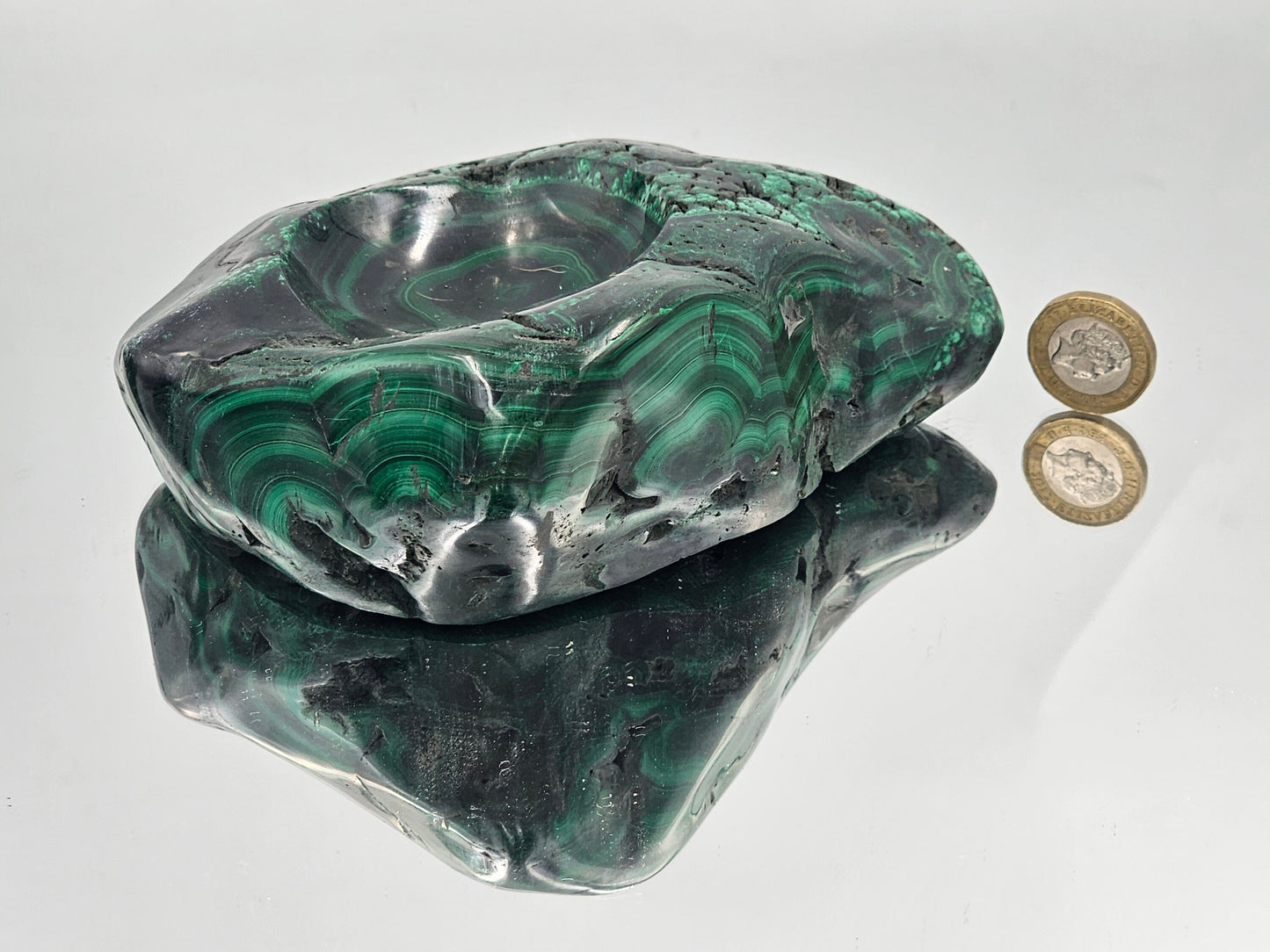 large unique polished solid malachite pocket emptier