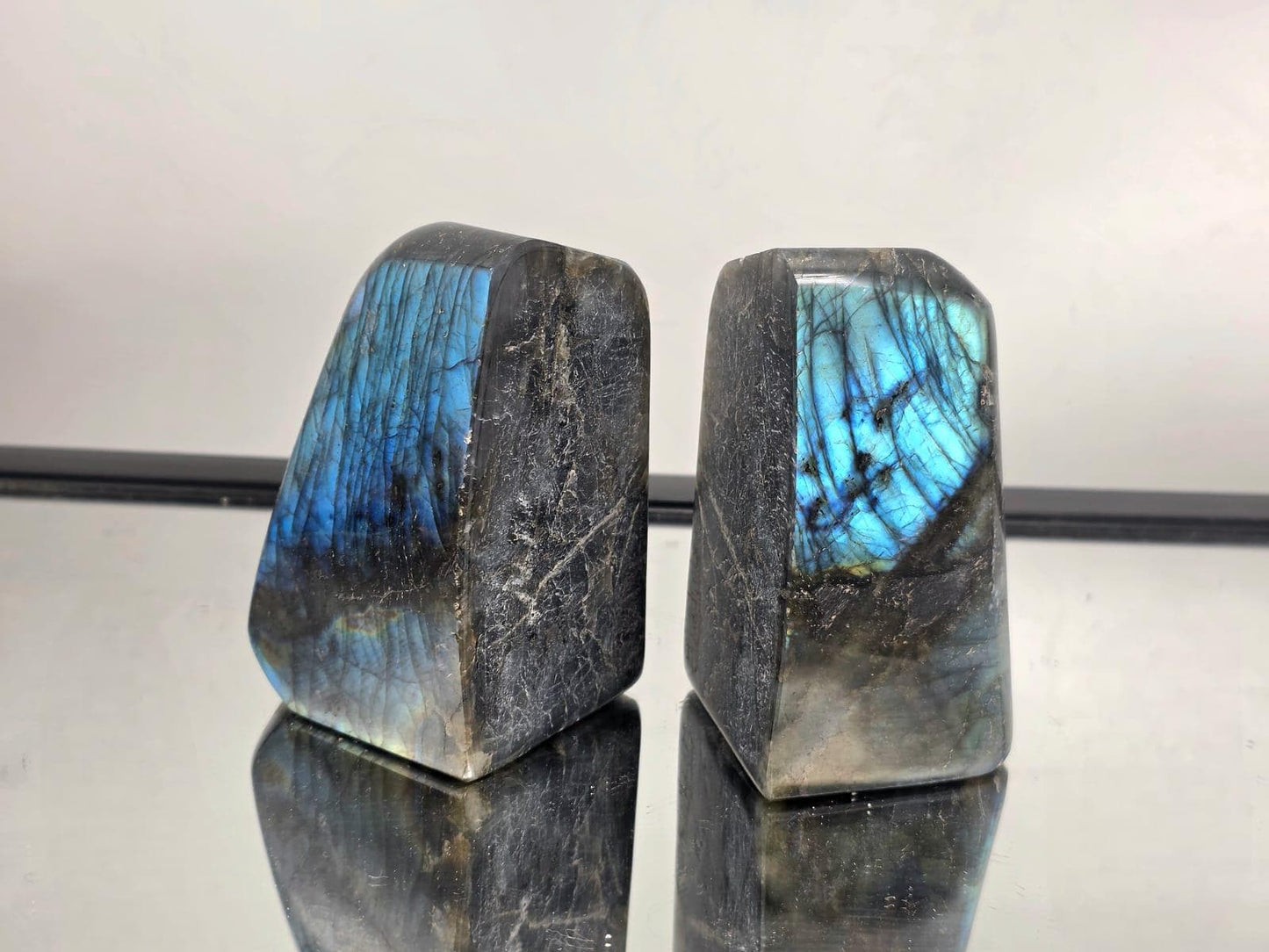Luxury labradorite bookends highlighting intense flash and polished finish.