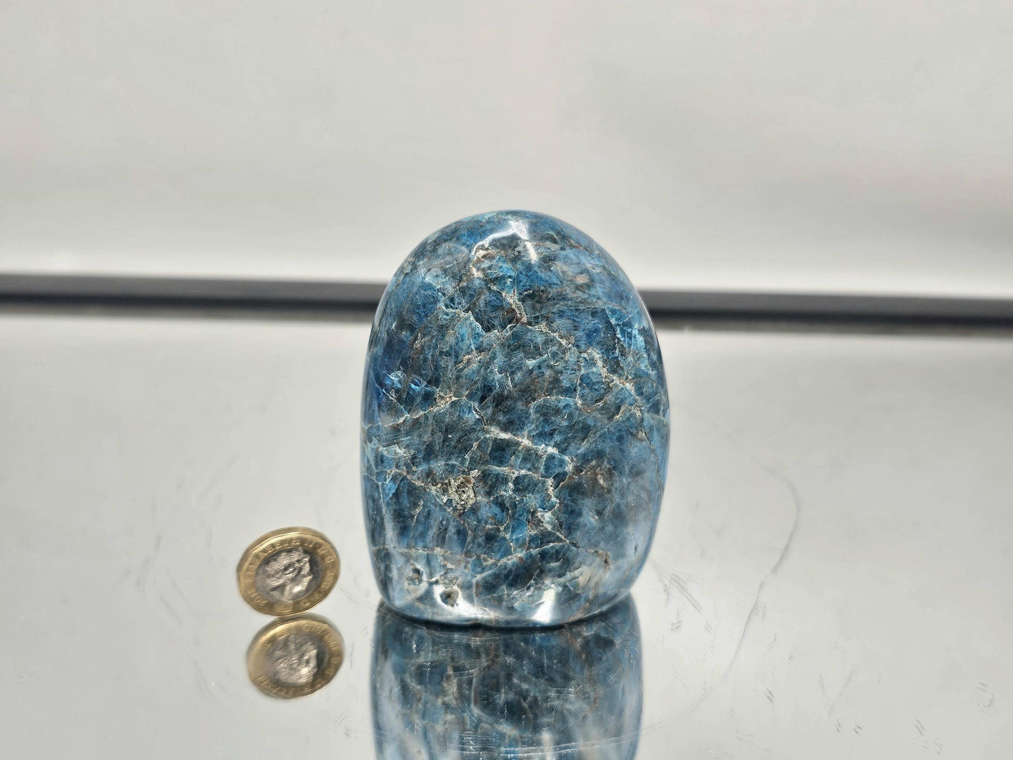 Apatite crystal freeform sourced from Madagascar, polished to a brilliant shine.