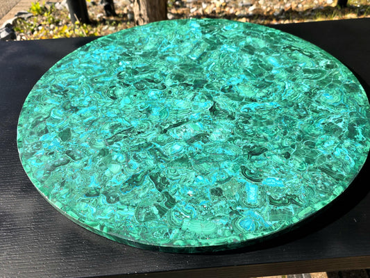 Malachite and Chrysocolla inlay table top, handcrafted luxury décor.