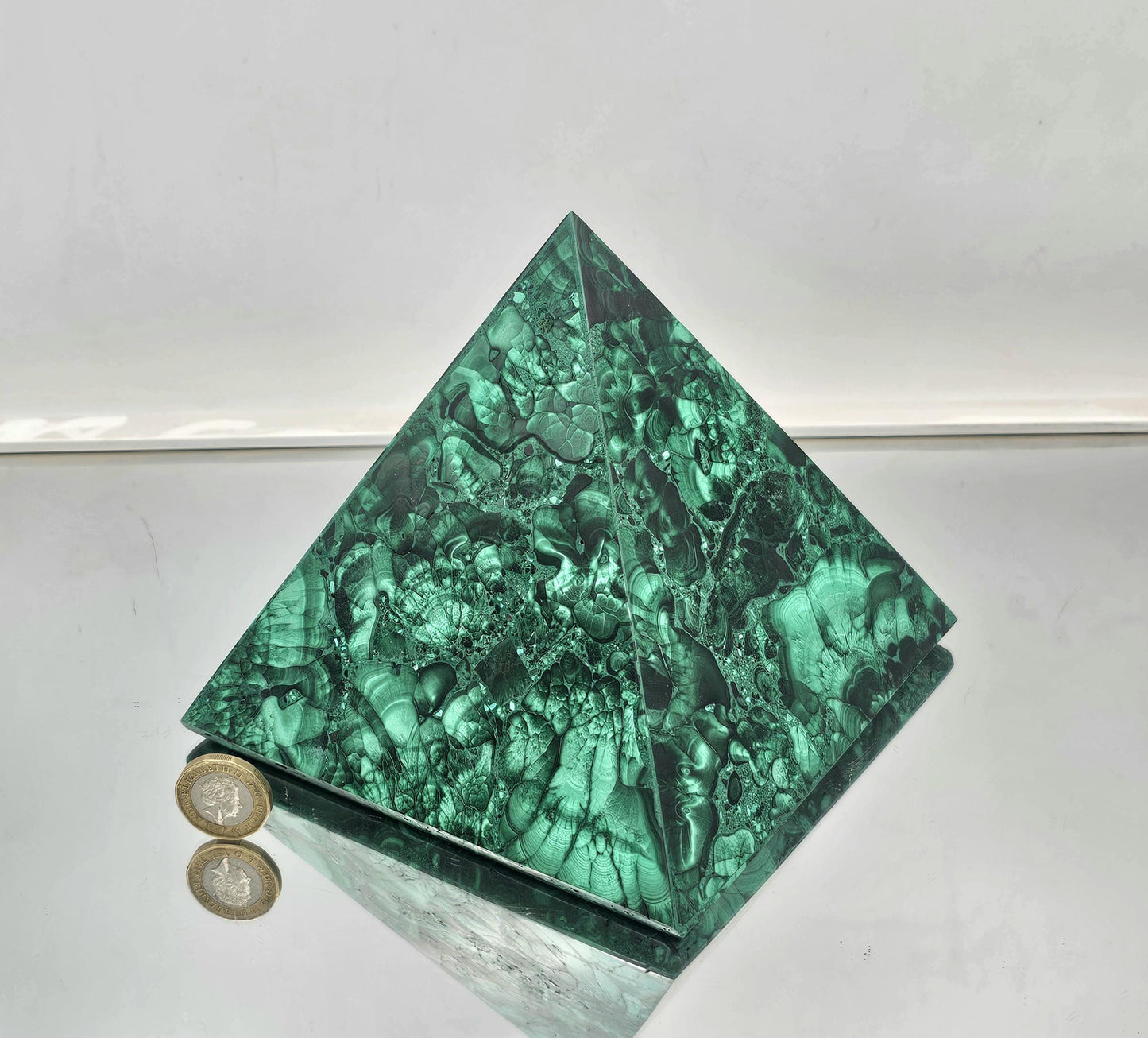 luxury home décor medium malachite pyramid showcasing natural beauty.