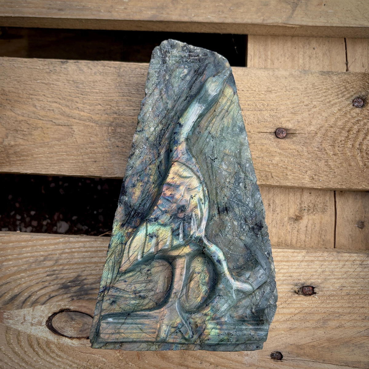 One-of-a-kind Labradorite heron bird crystal carving from Madagascar