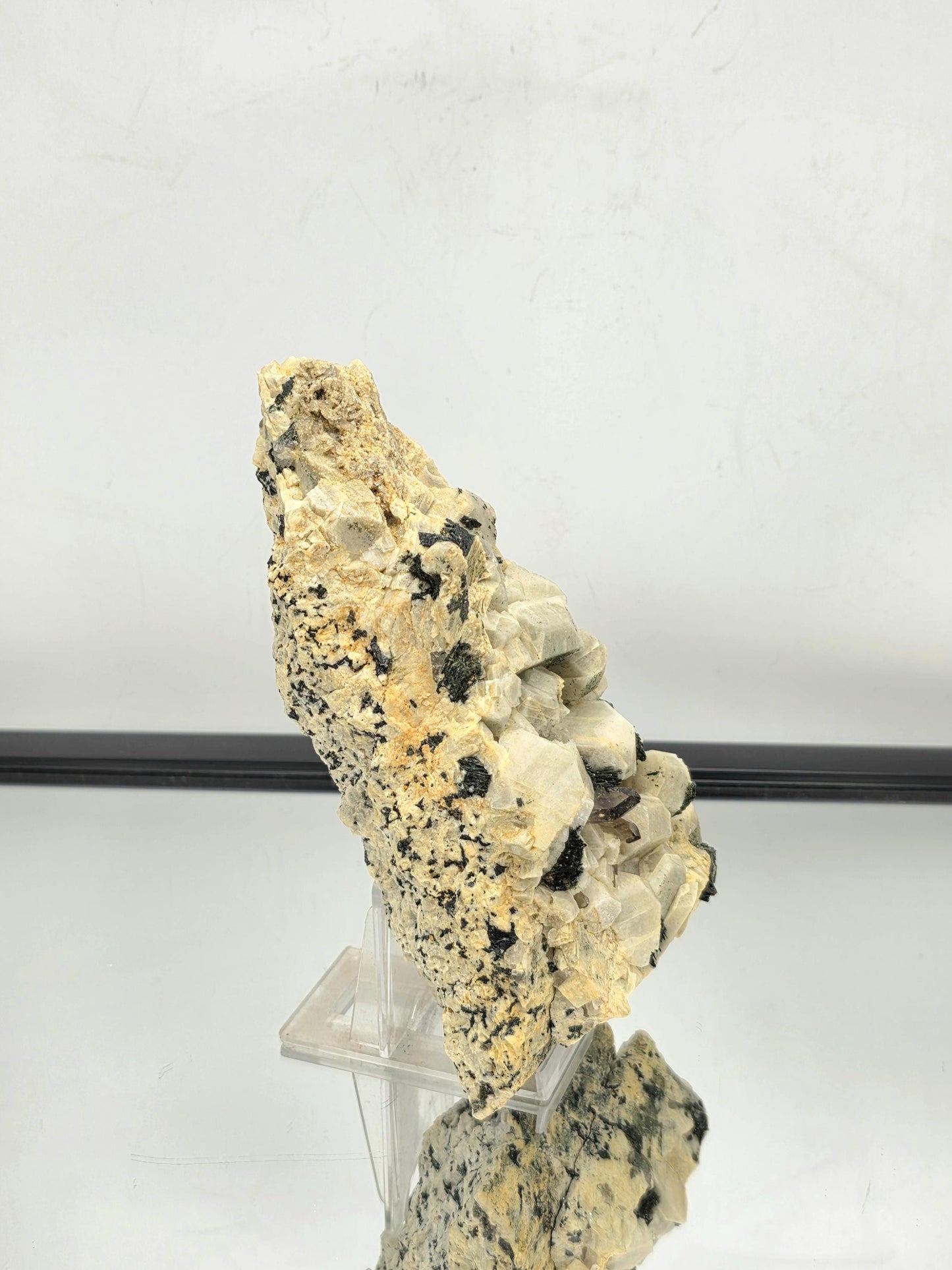 Contrasting black and clear crystals set in Orthoclase feldspar matrix.