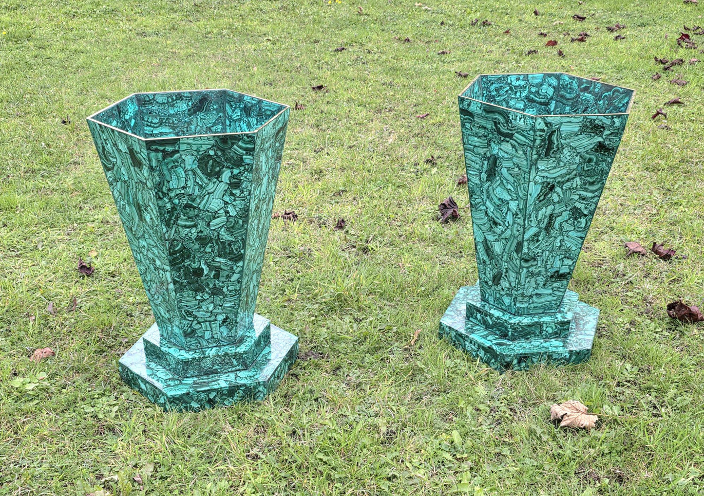 Polished malachite crystal vase showcasing intricate green patterns