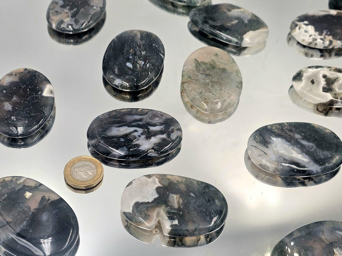 rare Green Moss Agate palmstone with intricate patterns.