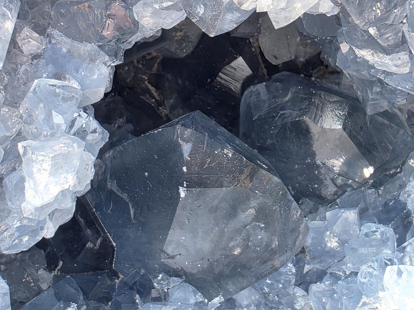 Raw and rugged celestite cave in full natural form.