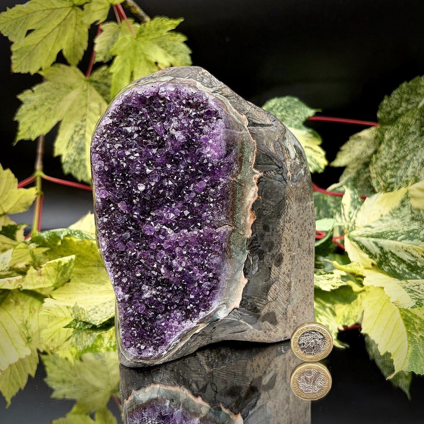 Reverse side of an Uruguayan amethyst crystal freeform showing the matrix and mineral formation.