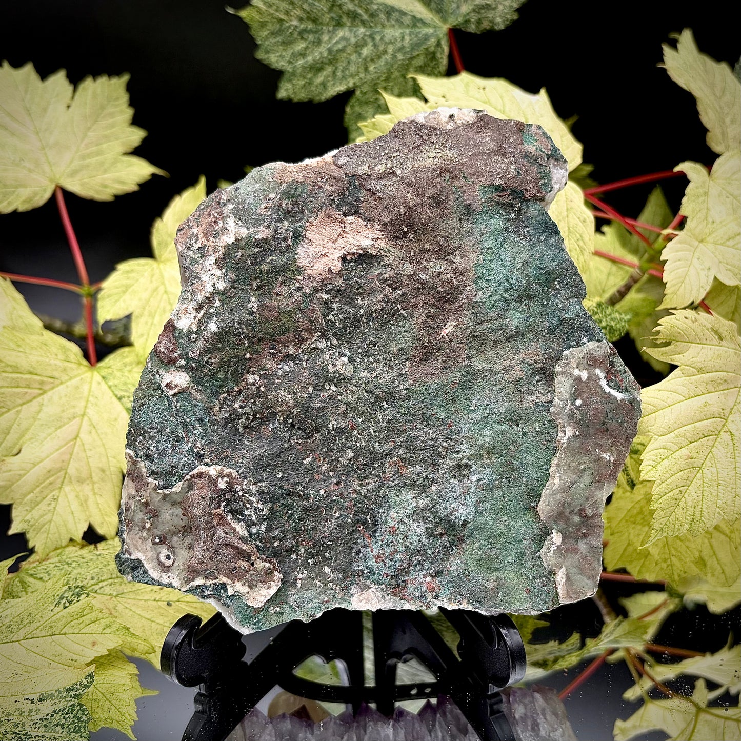 Reverse side of a natural amethyst crystal cluster showing the matrix and mineral formation.