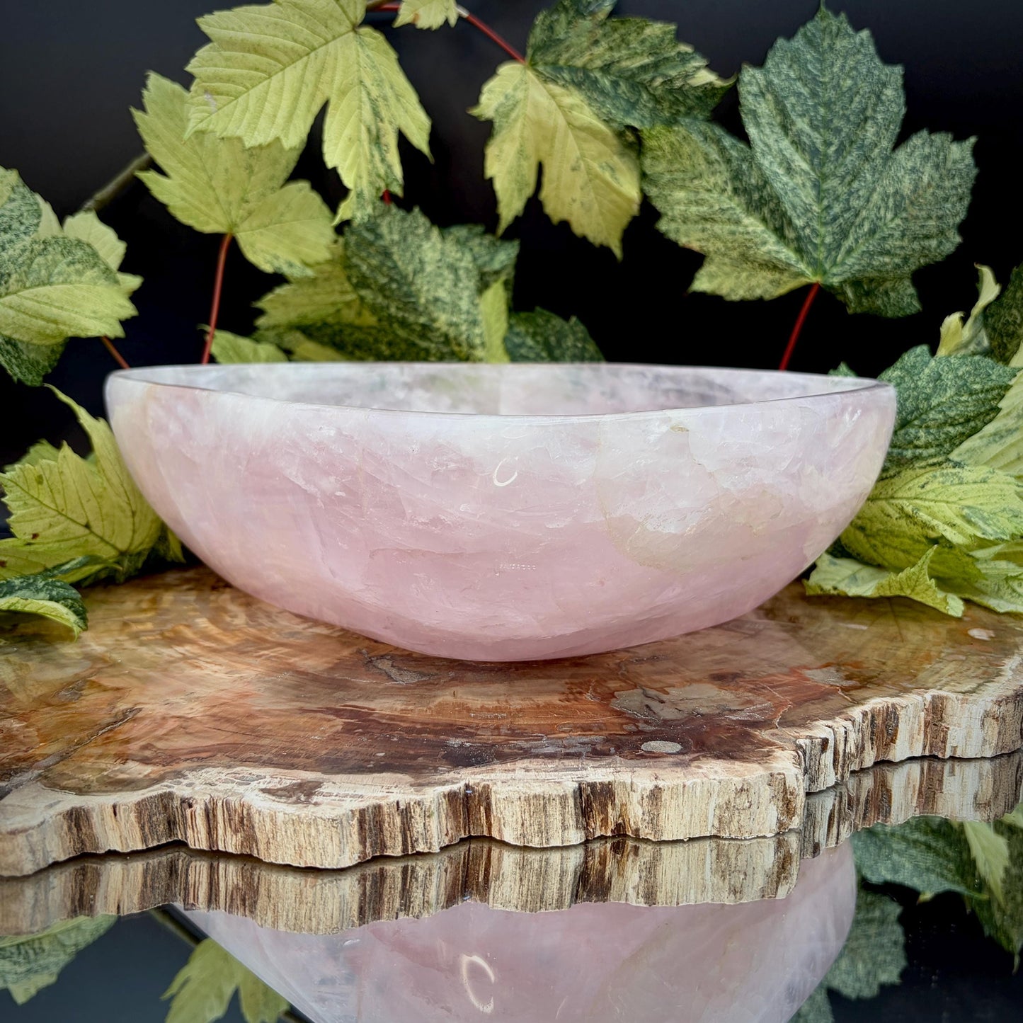 Large statement Rose Quartz crystal bowl for interior display